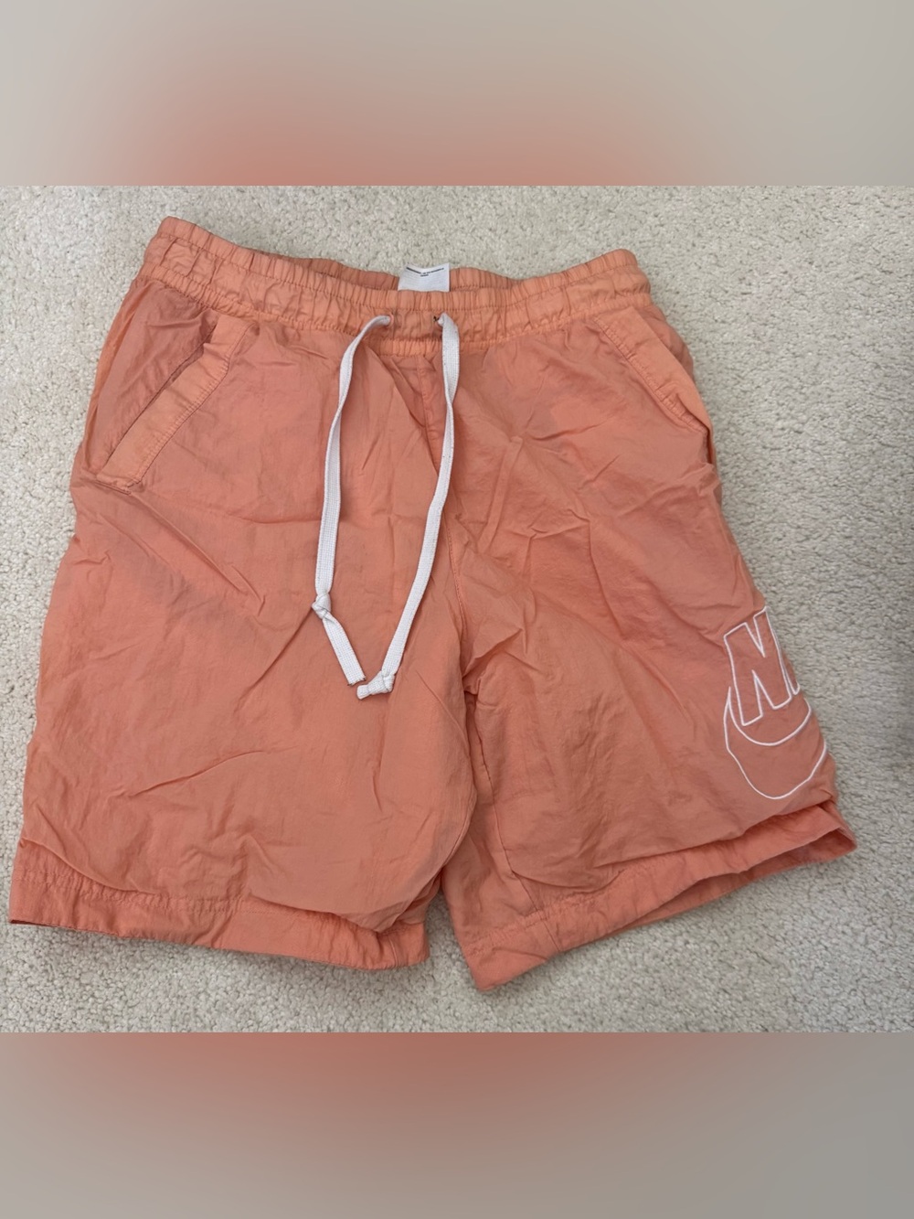 Nike Men's Coral Drawstring Athletic Shorts with White Logo